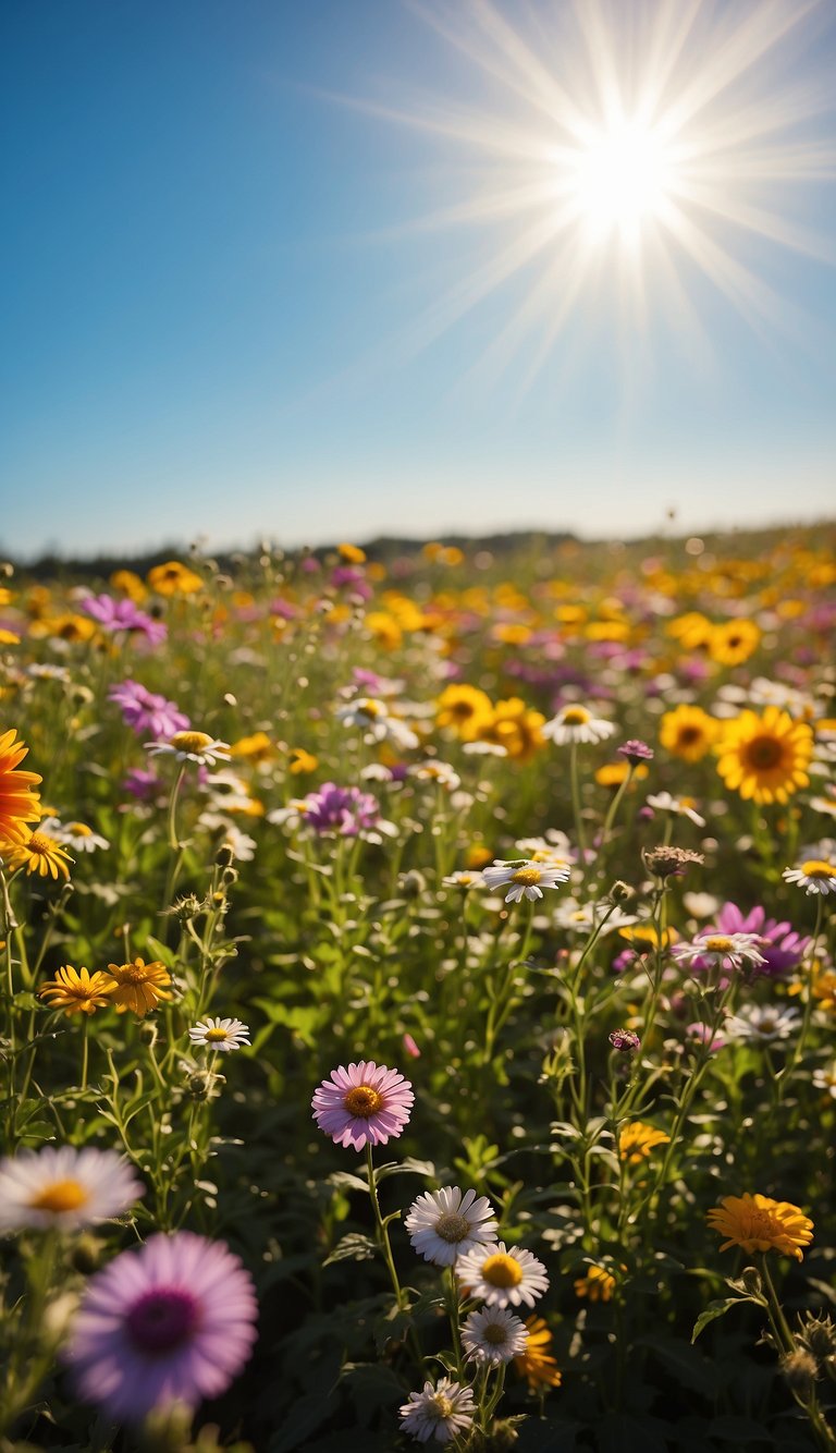 A bright sun shining over a field of colorful flowers, with a clear blue sky and a rainbow in the distance