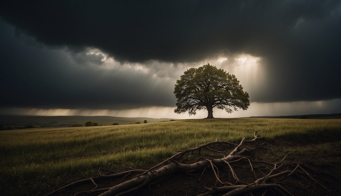 A lone tree standing tall in a storm, resilient against the wind with roots firmly planted.