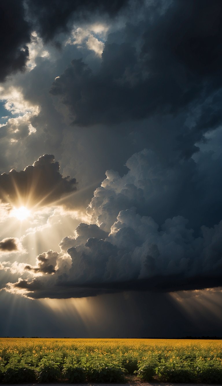 A dark storm cloud looms over a bright sun, symbolizing the challenges and criticisms of optimism