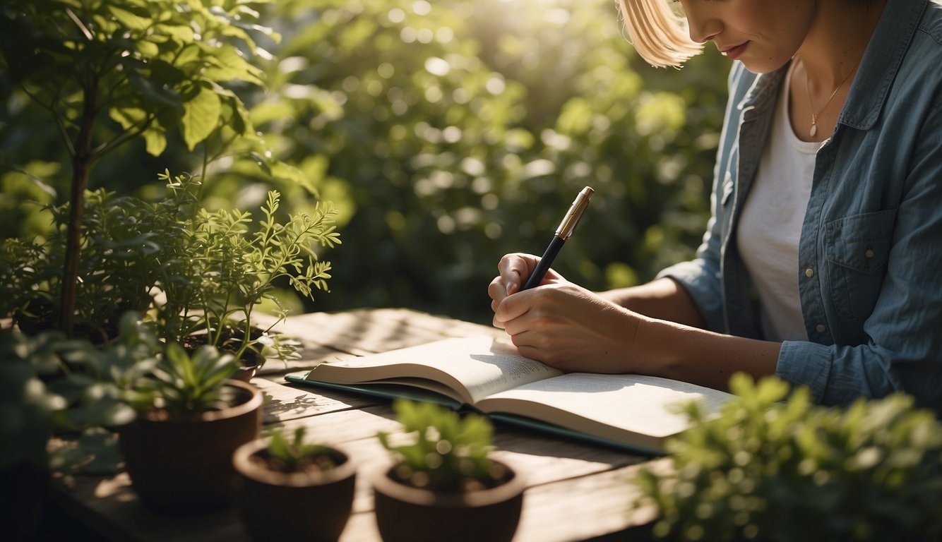 A person writing in a journal surrounded by plants in a calm environment.