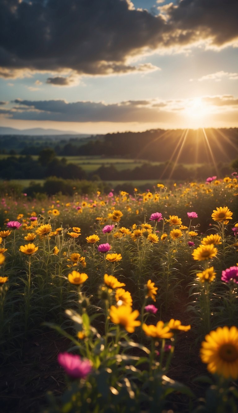 A bright sun breaking through dark clouds, casting a warm glow over a field of vibrant flowers in full bloom