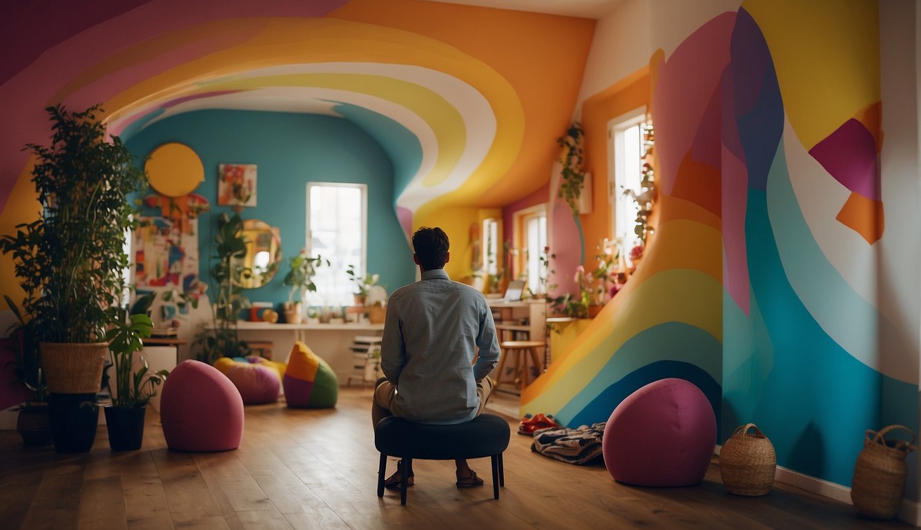 A person sits in front of a mirror, smiling and speaking affirmations. The room is bright and welcoming.