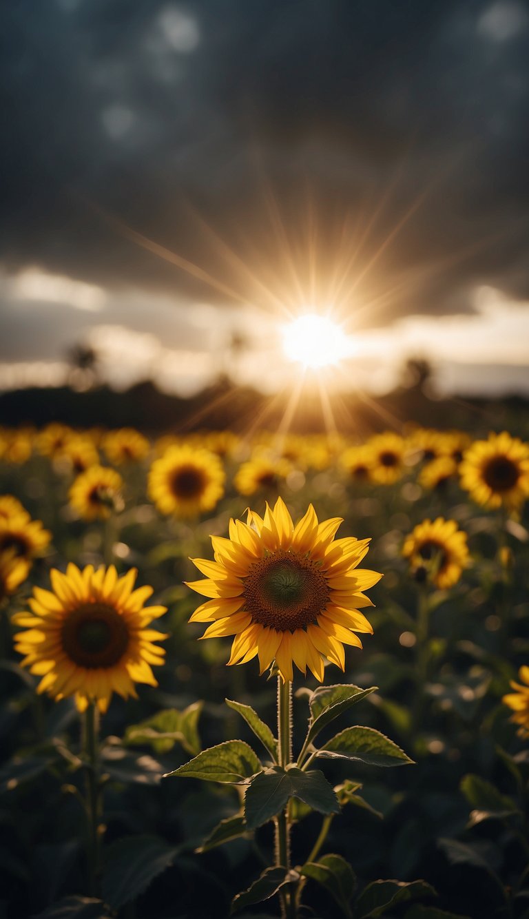 A bright sun breaking through dark clouds, casting a warm glow on wilted flowers, symbolizing the power of optimism in a pessimistic world