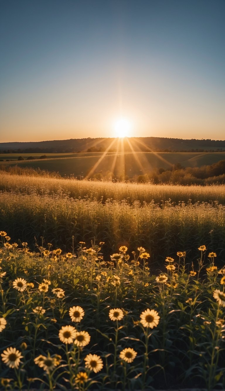 A bright sun rising over a calm, open field with a clear blue sky, symbolizing hope and positivity