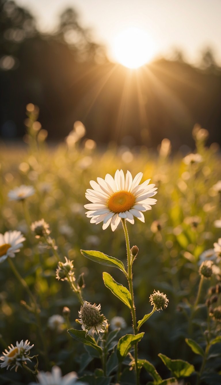 A sun rising over a horizon, casting a warm glow on a field of blooming flowers, symbolizing hope and positivity