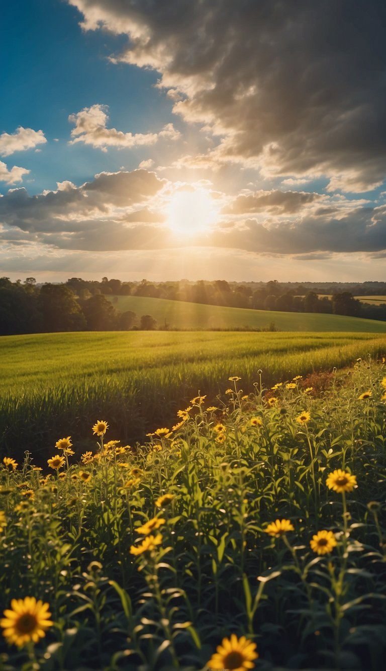 Bright sun, blue sky, and green fields symbolize the psychology of optimism. A rainbow in the distance adds a sense of hope and positivity