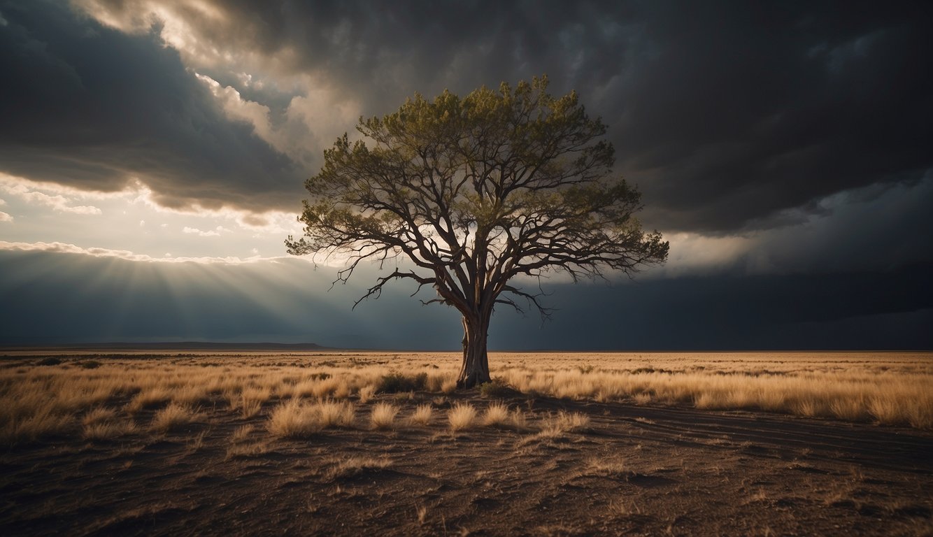 A lone tree stands strong amid a barren landscape, reaching towards the sunlight.