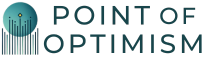 Logo for 'POINT OF OPTIMISM' with dark green capital letters. The word 'OF' is distinctly smaller and centered vertically between 'POINT' and 'OPTIMISM'. Above the text is a stylized circle icon with gradient shades of green , representing growth with ascending lines and dots, suggesting a positive and upward trajectory.