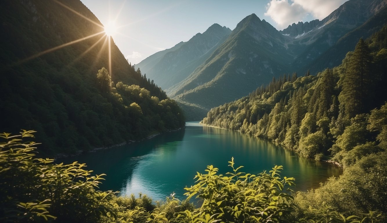 A bright light shines on a mountain peak, surrounded by lush greenery and a flowing river, symbolizing growth and progress