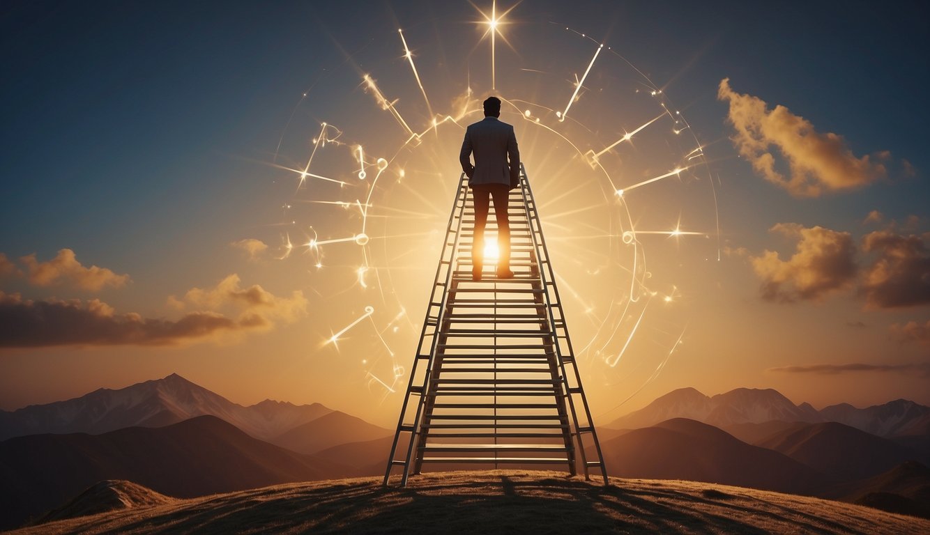 A figure standing tall, with a confident posture, surrounded by symbols of growth and progress, such as a ladder, a compass, and a shining light