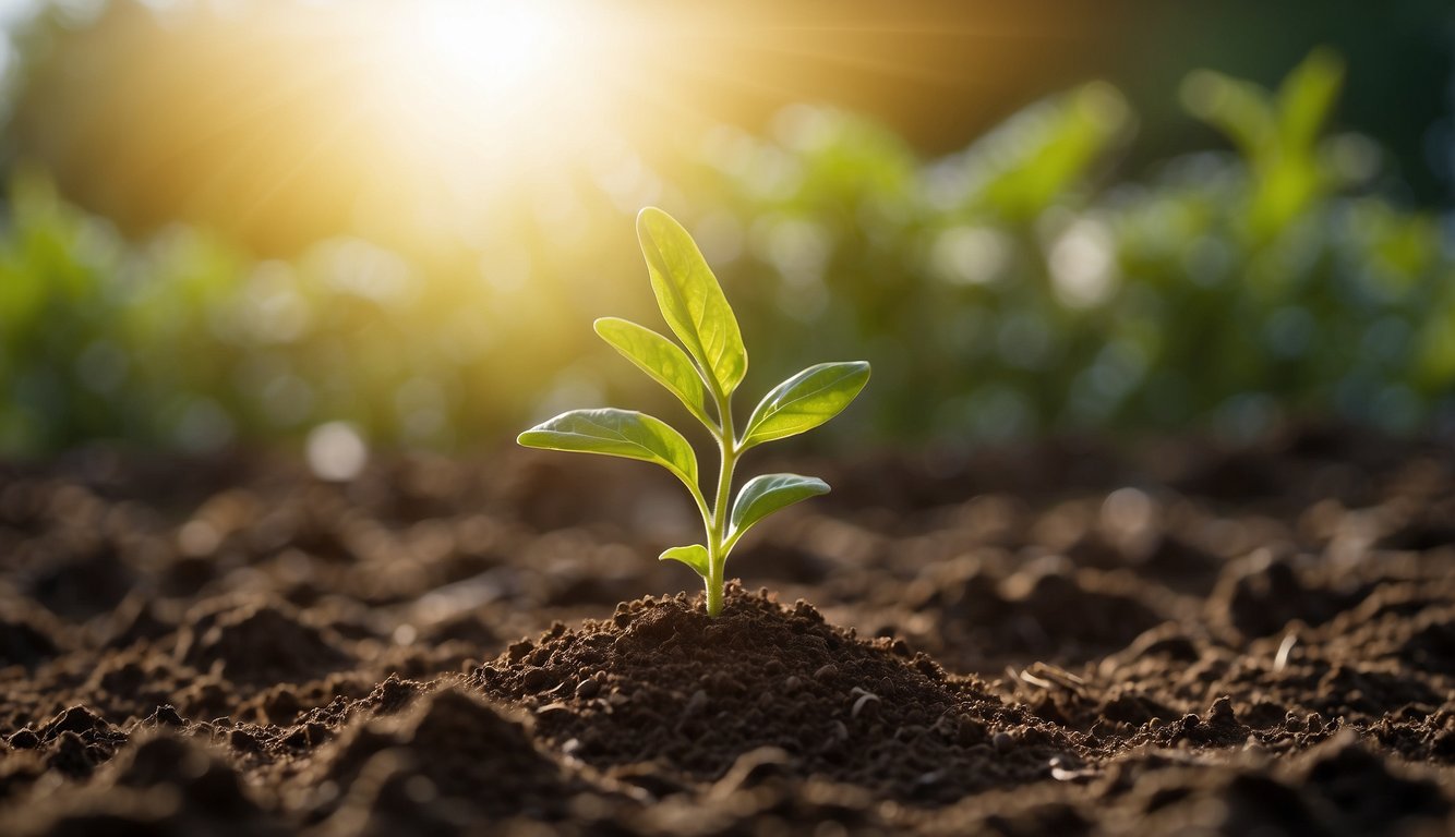 A seedling breaking through the soil, reaching towards the sunlight, surrounded by symbols of growth and progress