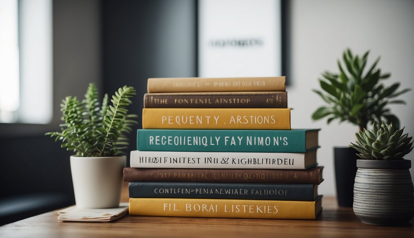 A stack of books with "Frequently Asked Questions" on top, surrounded by motivational quotes and a growth mindset poster