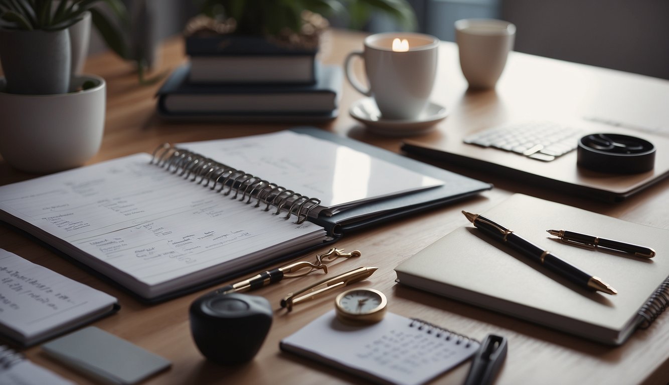 A desk with a planner, pen, and motivational quotes. A vision board with images representing personal goals. A clear and organized workspace