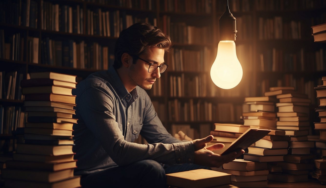 A person surrounded by books and engaging in deep thought, with a light bulb overhead symbolizing a moment of intellectual growth