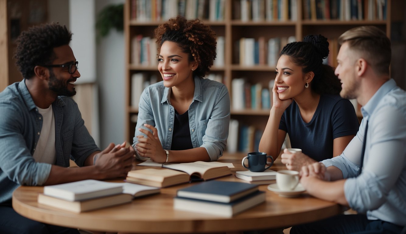 A diverse group of individuals engaging in deep conversations, practicing empathy and active listening, while surrounded by books and resources on emotional intelligence