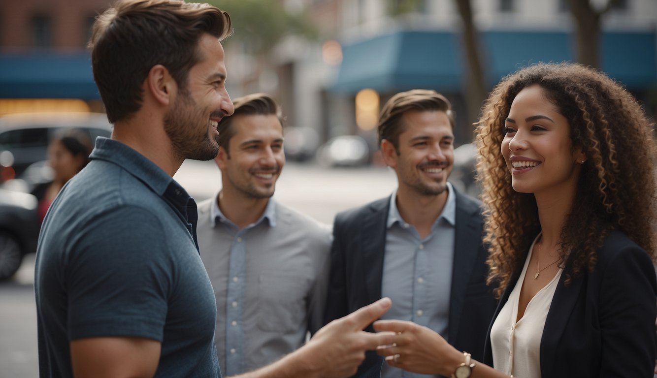 People engaging in conversation, exchanging ideas, and actively listening to each other. Smiles and gestures show warmth and connection