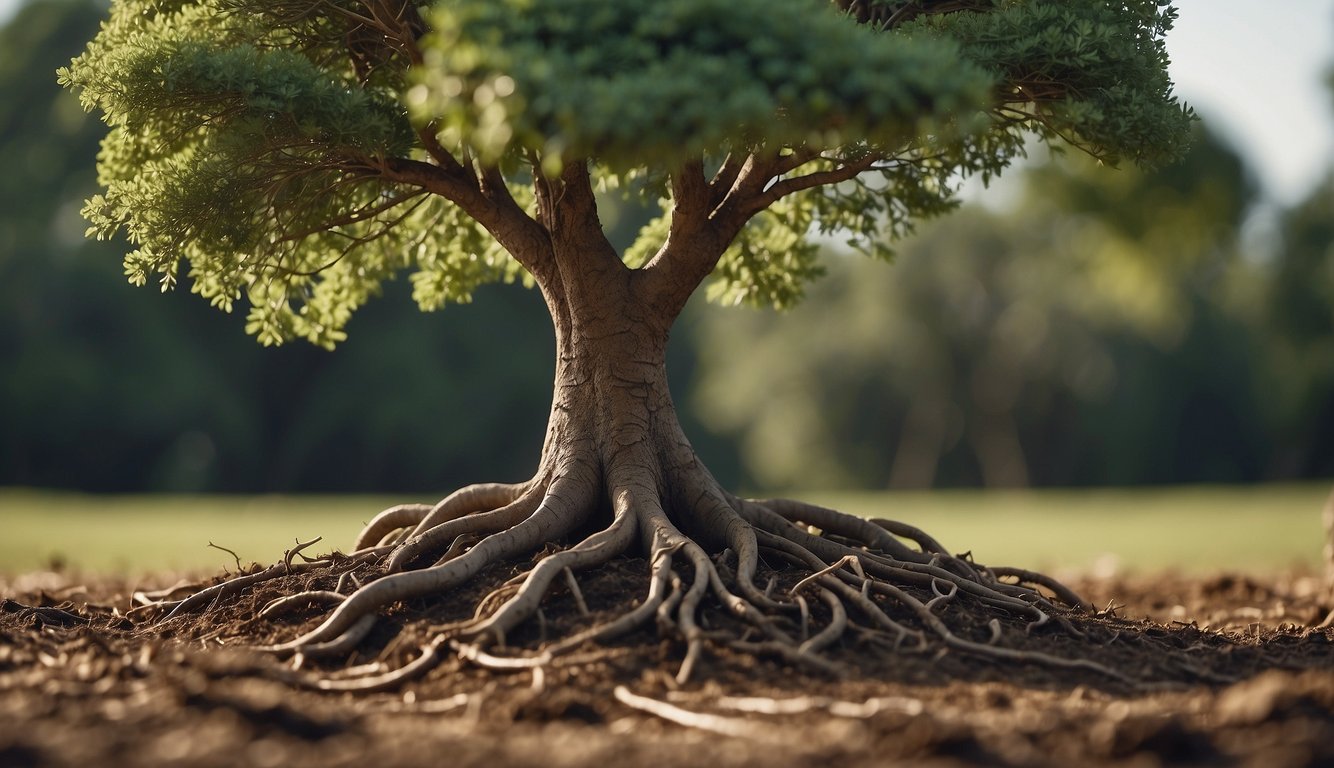 A tree bending in the wind, its roots firmly planted in the ground, symbolizing resilience and adaptability