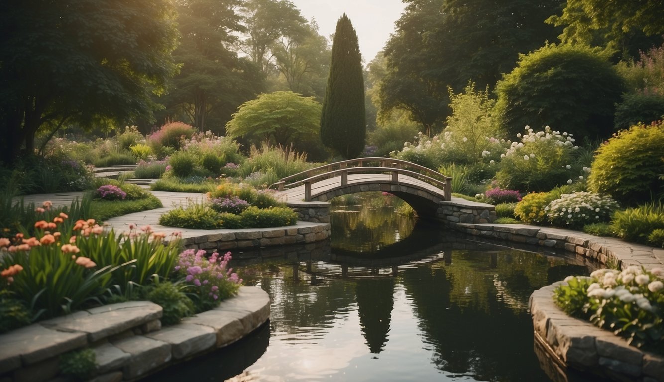 A serene garden with a winding path, blooming flowers, and a peaceful pond, surrounded by lush greenery, evoking a sense of tranquility and self-reflection