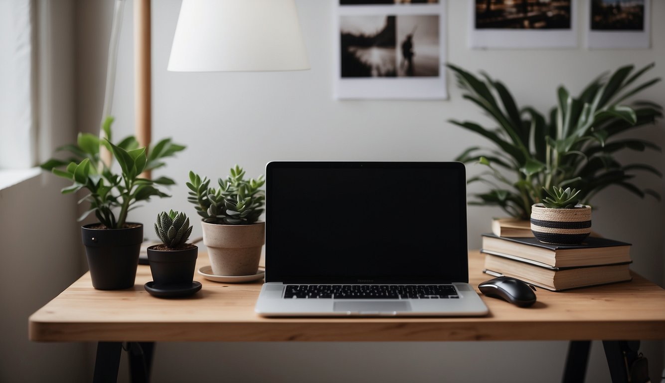 A desk with a laptop, books, and a plant. A vision board on the wall with goals and affirmations. A calendar with marked deadlines