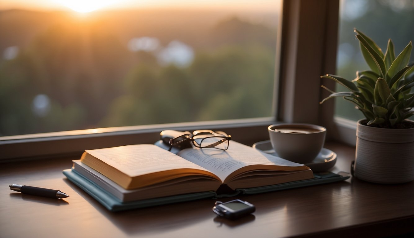 A desk with a planner, water bottle, and book. A morning sunrise through a window. A yoga mat in the corner