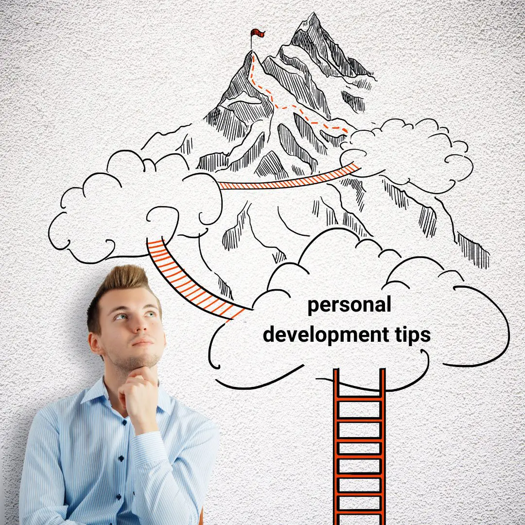 Thoughtful man envisioning himself climbing a ladder and following a path towards the summit of success, illustrating the journey of personal development.