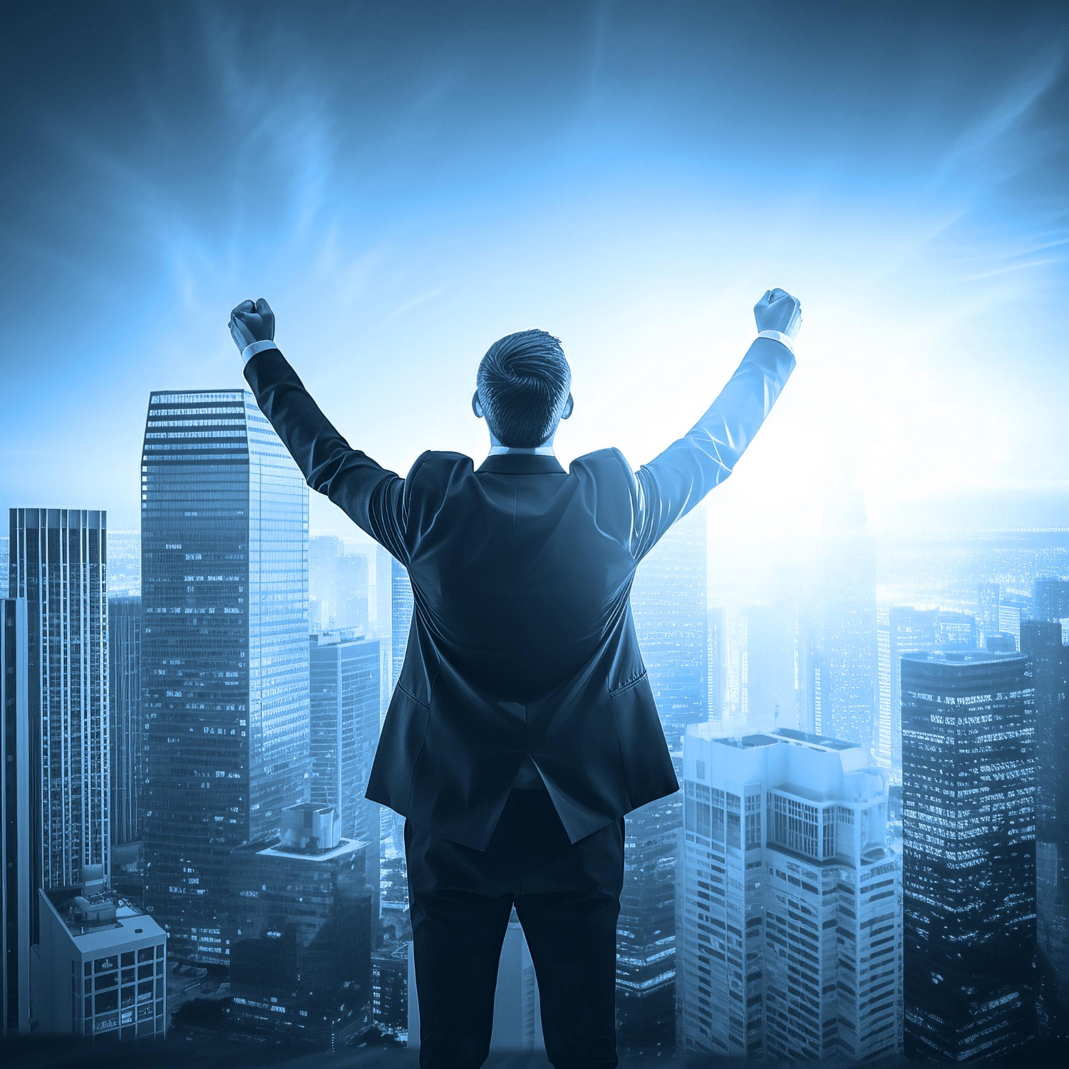 Businessman with arms raised in triumph against a city skyline at dawn, symbolizing success and motivation.