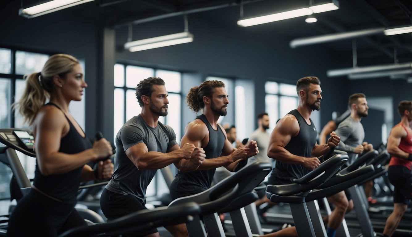 A group of athletes train in a gym, running on treadmills and lifting weights. The coach monitors their progress and provides guidance on improving their conditioning