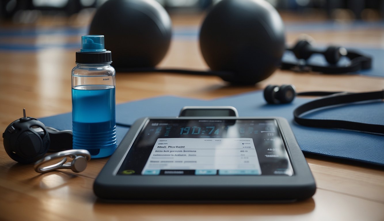 Athletic equipment scattered on a gym floor, with a stopwatch and water bottle nearby. A training plan and fitness tracker displayed on a clipboard