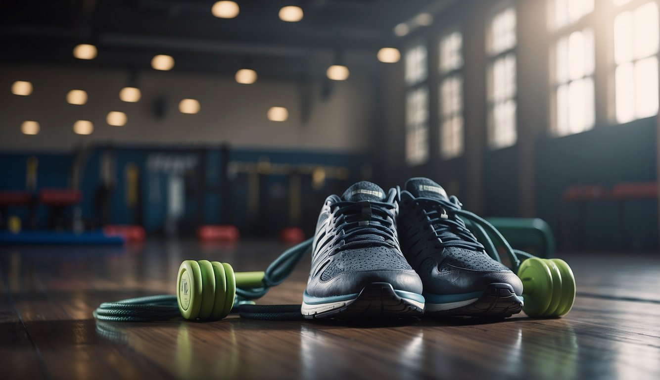 Athletic equipment scattered on a gym floor, stopwatch on a bench, water bottle nearby. Sweat drips down a set of weights, while a jump rope lays coiled in the corner