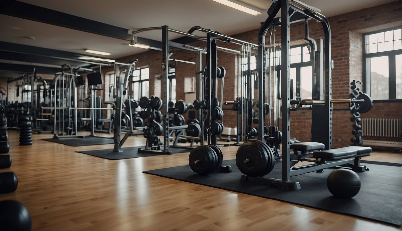 A gym with various equipment, including weights, resistance bands, and exercise balls. A poster on the wall shows proper form for different exercises