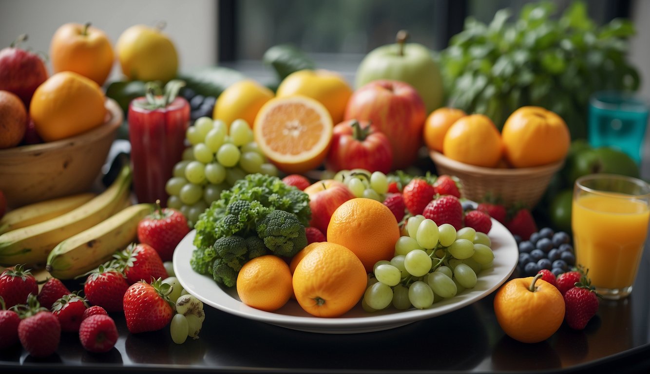 A vibrant plate of colorful fruits and vegetables surrounded by exercise equipment and water bottles