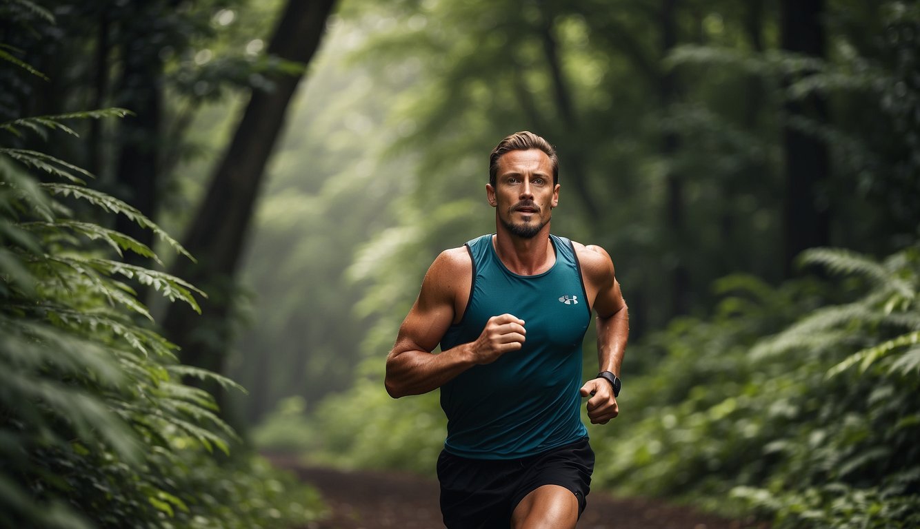 A runner on a trail, surrounded by lush greenery, sweat dripping down their face, breathing heavily, pushing through fatigue