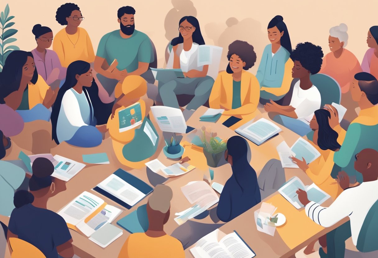 A group of diverse individuals engage in open conversations about mental health, surrounded by supportive resources and educational materials