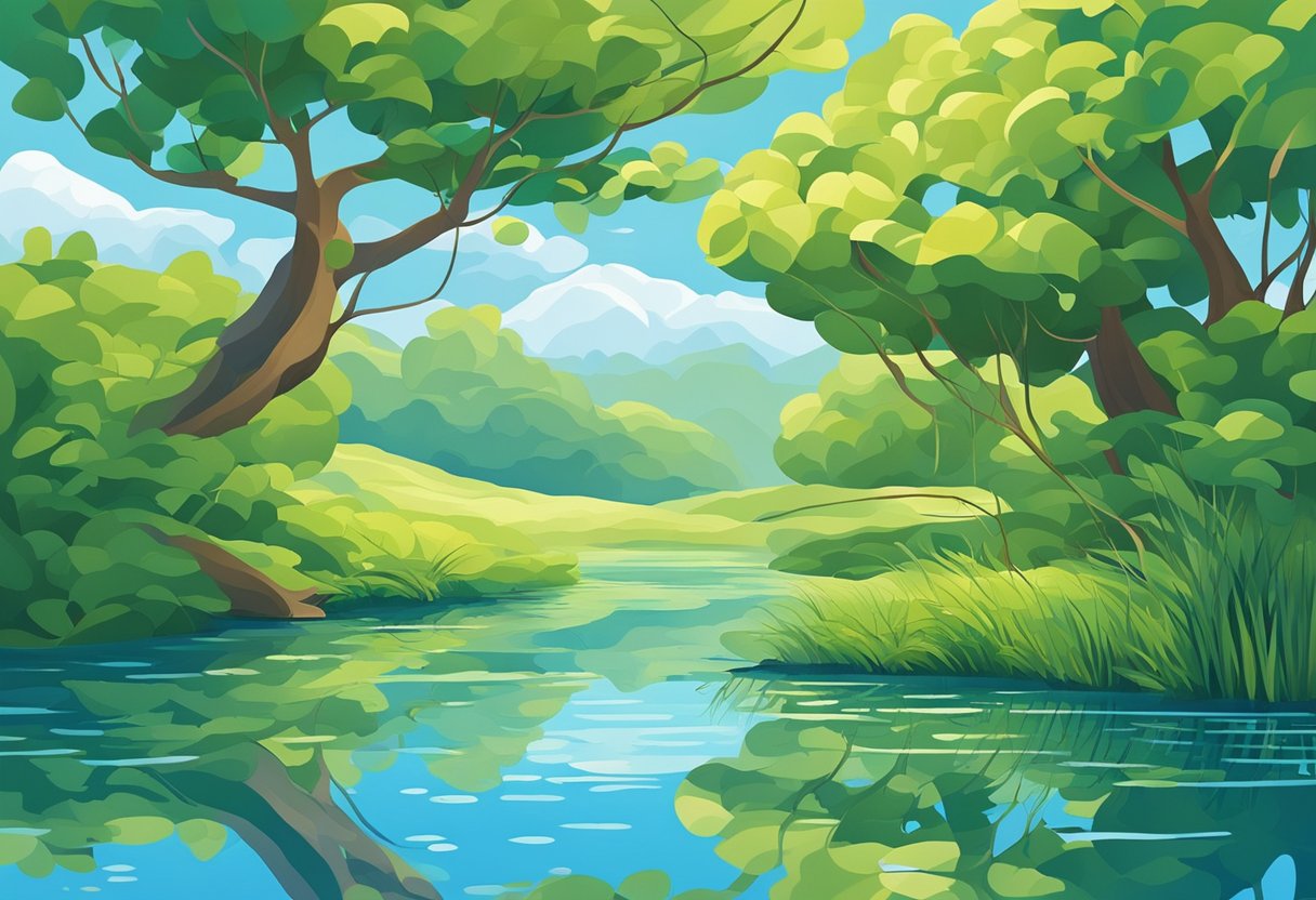 A serene landscape with a clear blue sky, lush greenery, and a calm body of water. Symbolic elements like a puzzle or tangled web could represent the complexity of mental health