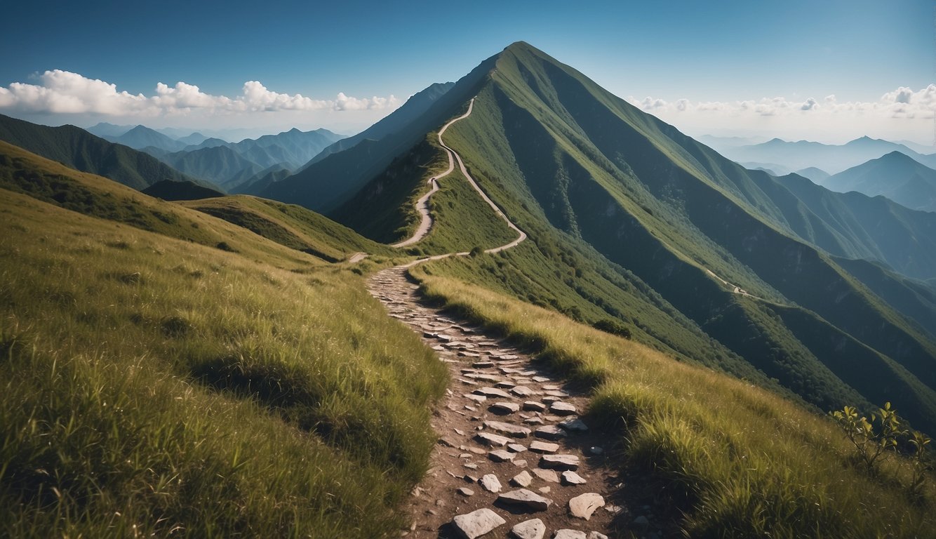 A mountain peak with a winding path leading to the top, surrounded by lush greenery and a clear blue sky, symbolizing the journey to increased motivation