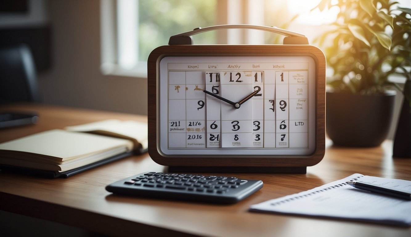 A desk with a calendar, a list of goals, and a motivational quote. A bright window and a clock showing a specific time