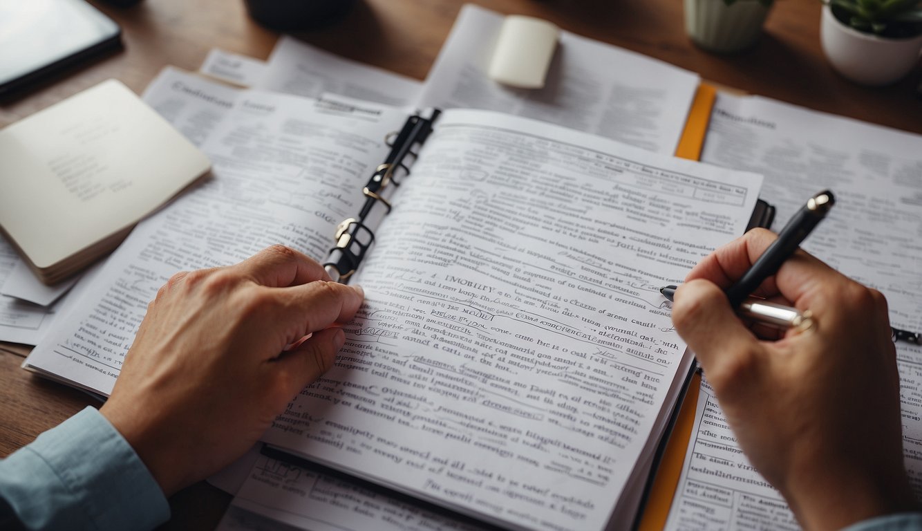 A person brainstorming with a pen and paper, surrounded by motivational quotes and images, creating a vision board