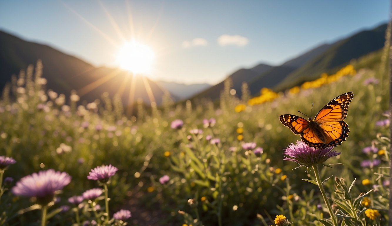 A bright sun shining over a mountain peak, with a clear path leading upwards. Wildflowers blooming along the trail, and a colorful butterfly fluttering nearby