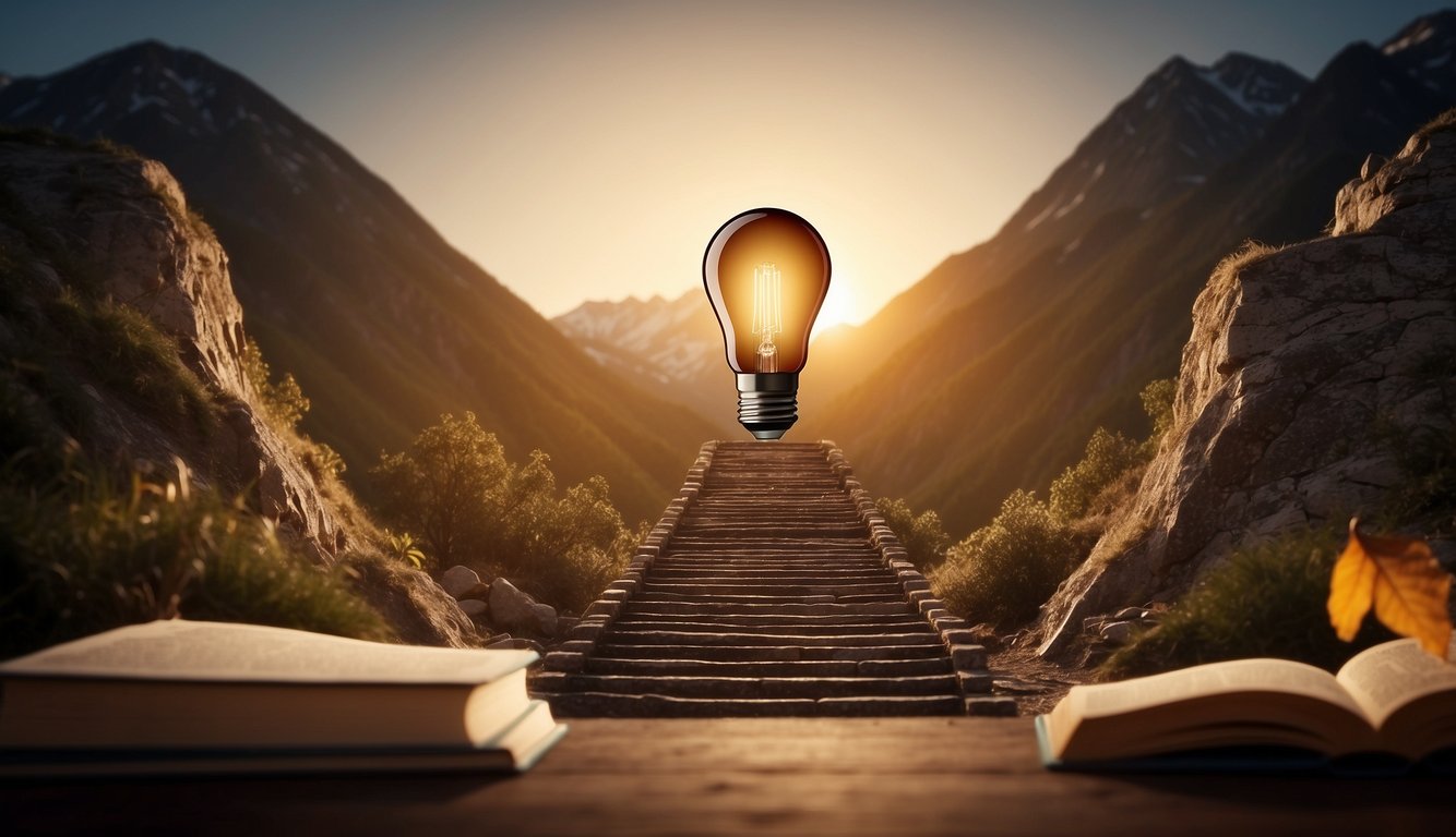 A bright light bulb illuminates a path of books leading to a mountain peak, symbolizing growth and achievement