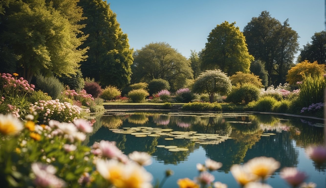 A serene garden with blooming flowers, a tranquil pond, and a clear blue sky, evoking a sense of peace and harmony