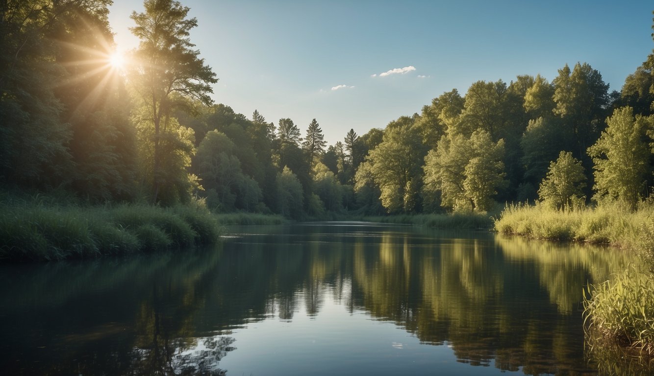 A serene landscape with a calm river, lush greenery, and a clear blue sky, evoking a sense of peace and tranquility