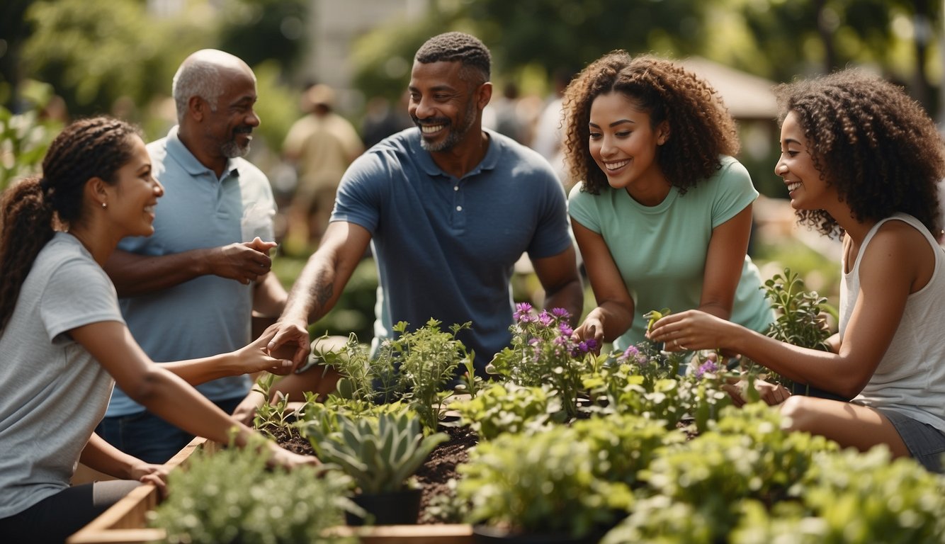 A diverse group of people engaging in various activities, such as exercising, gardening, and socializing in a vibrant community setting