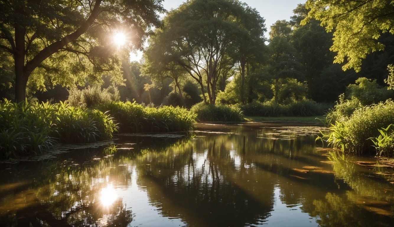 Lush greenery surrounds a tranquil pond, with sunlight filtering through the trees. Birds chirp and a gentle breeze rustles the leaves, creating a serene and peaceful atmosphere