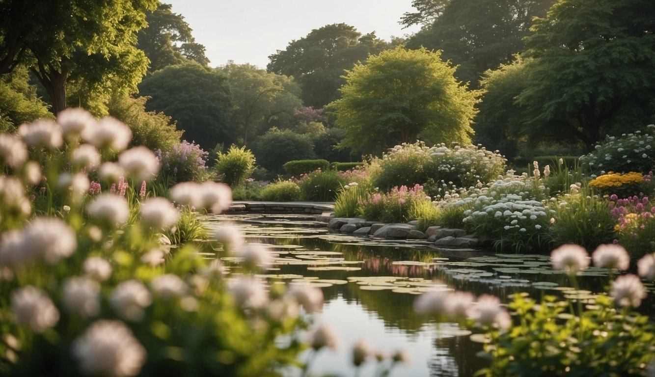 A serene garden with blooming flowers, a tranquil pond, and a gentle breeze, surrounded by lush greenery and vibrant wildlife