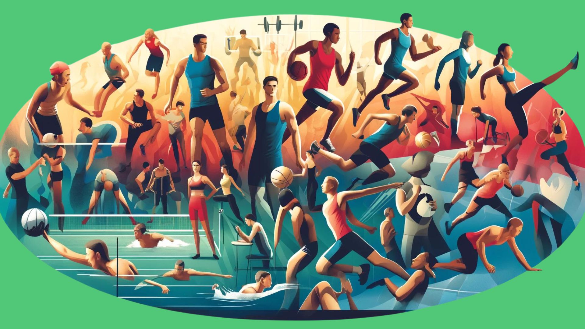 Horizontal illustration showcasing a diverse group of athletes, including men and women of different races, engaged in various sports activities. The image vividly depicts running, swimming, weightlifting, and basketball segments, each filled with dynamic and motivated athletes in action. This motivational scene is designed to represent and inspire athletes of all types.