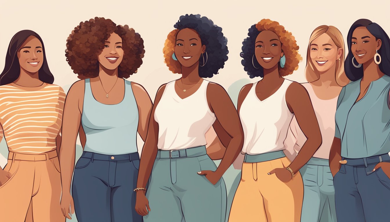 Motivational Phrases for Women: A group of diverse women stand together, surrounded by empowering words like "strength," "confidence," and "ambition." The atmosphere is filled with positivity and determination