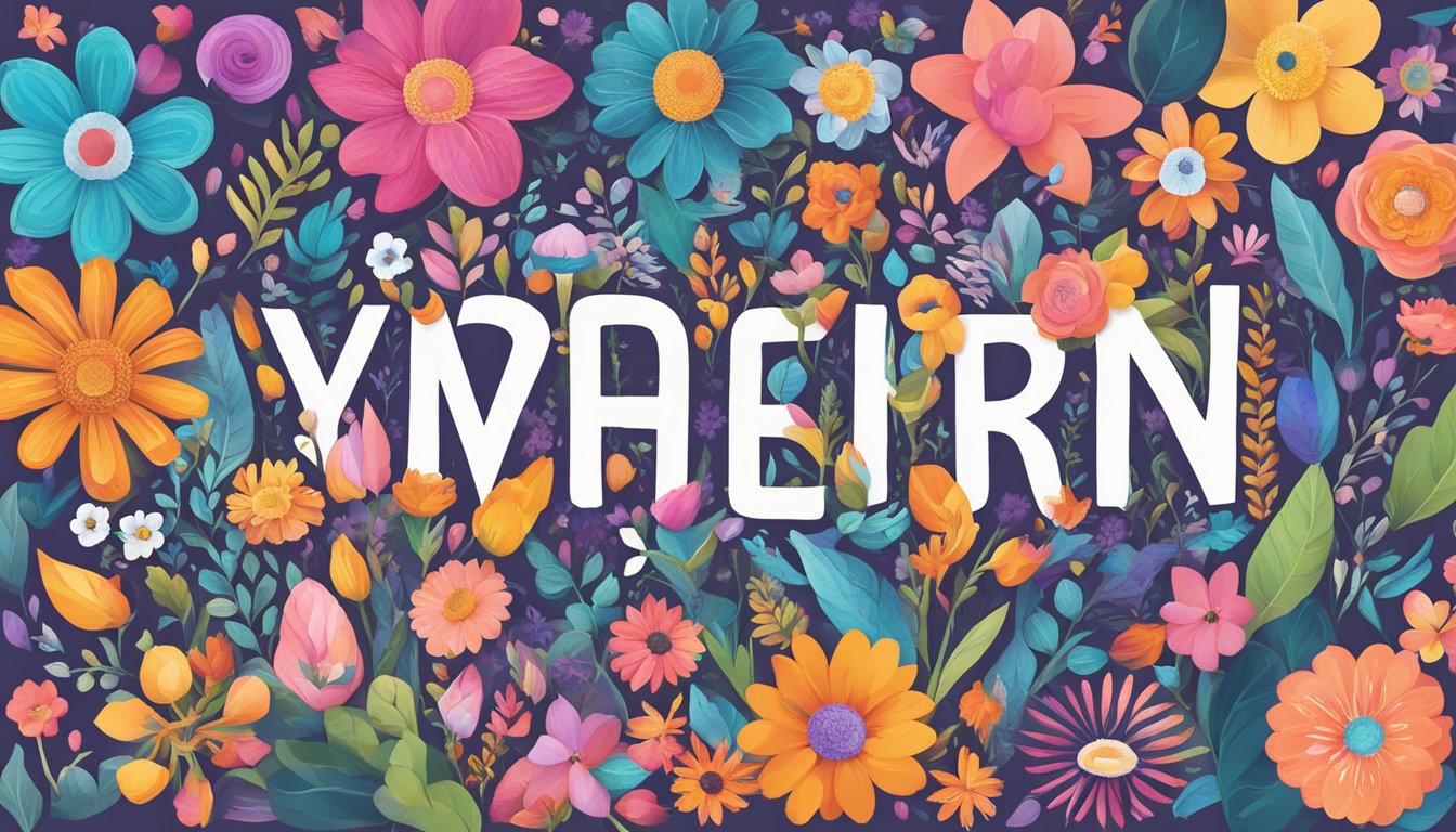 A colorful array of empowering words and phrases, surrounded by vibrant flowers and uplifting symbols