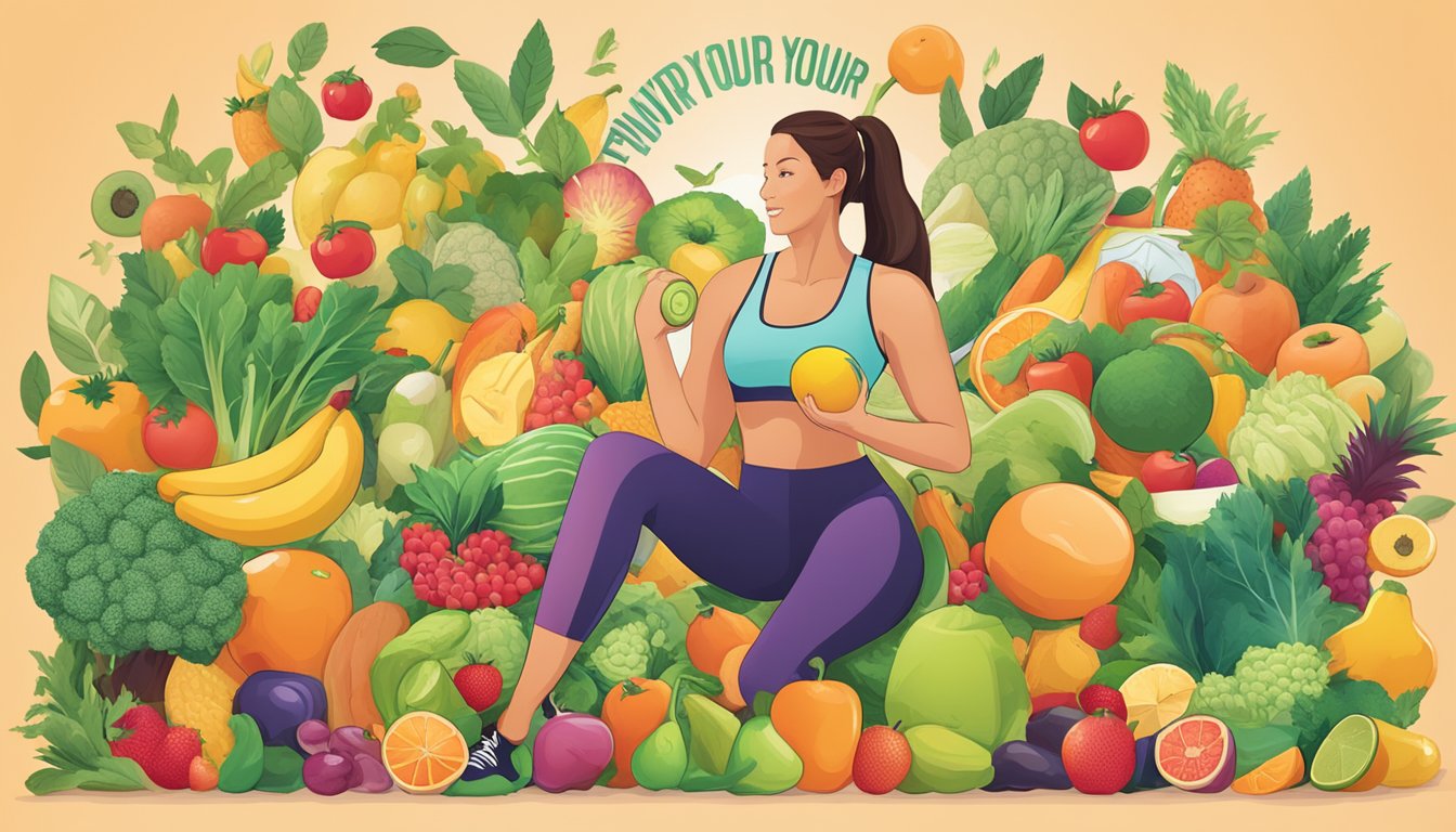 A woman surrounded by vibrant fruits, vegetables, and exercise equipment, with motivational phrases like "Nurture your body" and "Empower your health" displayed prominently