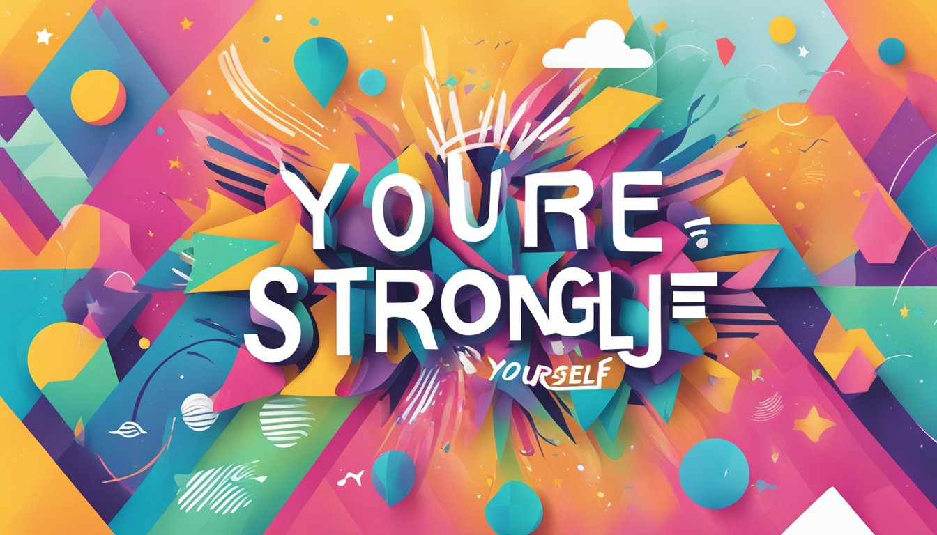 A colorful background with bold, empowering phrases like "You are strong" and "Believe in yourself" displayed in large, vibrant text