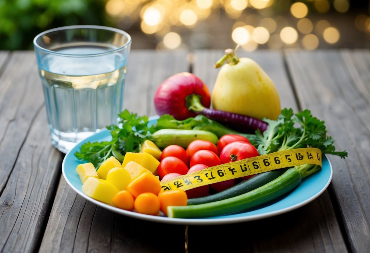 A plate of colorful fruits and vegetables next to a glass of water, with a measuring tape wrapped around the plate